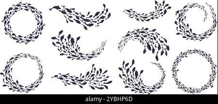 Poissons nagent dans la silhouette des écoles. Banc de poissons ou essaim de thon en forme circulaire, spirale et ondulée. Cadre de cercle de vie marine pour aquarium, fruits de mer ou Illustration de Vecteur