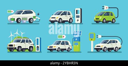 Voiture électrique. Bornes de recharge de véhicules électriques et hybrides, recharge durable avec des éoliennes et des panneaux solaires sources d'énergie verte renouvelable vecteur Illustration de Vecteur
