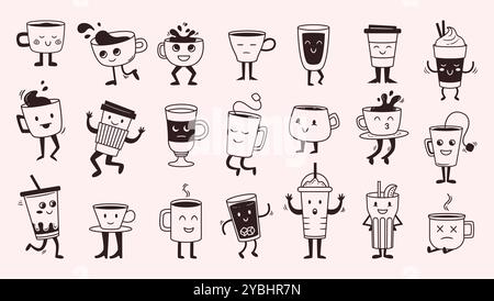 Mascottes de tasse de doodle. Personnages de tasse de thé et de café mignons pour la marque de menu de boissons de café. Drôles d'espresso, de cappuccino et de tasses à latte avec des visages Illustration de Vecteur