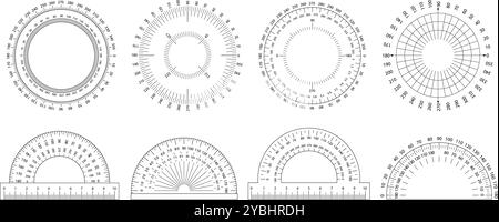 Règle rapporteur. Outil de mesure d'angle, échelle circulaire et rapporteur semi-circulaire avec repères de règle. Cercle de mesure avec 360 et 180 degrés Illustration de Vecteur