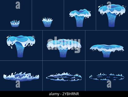 Animation éclaboussure de couronne d'eau. Éclatement dynamique et éclaboussures de gouttelettes avec effet de rebond et ondulation circulaire. Séquence d'images animées à mouvement fluide Illustration de Vecteur