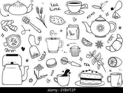 Thé doodle. Théières dessinées à la main, tasses confortables et tasses à boissons chaudes, desserts sucrés et éléments de la culture de la cérémonie du thé. Image de marque ludique pour vecteur de café de thé Illustration de Vecteur