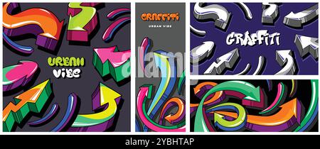 Bannières fléchées graffiti. Modèle d'affiche Urban Vibe Street art avec flèches de pointage dynamiques et colorées pour les publications sur les médias sociaux et les supports marketing Illustration de Vecteur