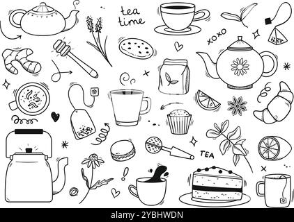 Thé doodle. Théières dessinées à la main, tasses confortables et tasses à boissons chaudes, desserts sucrés et éléments de la culture de la cérémonie du thé. Image de marque ludique pour vecteur de café de thé Illustration de Vecteur