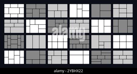 Disposition de la grille Bento. Motif de tuiles géométriques, arrangements de cadres à la mode et modèles de mise en page de présentation. Blocs de mosaïque pour les publications de médias sociaux, Web Illustration de Vecteur