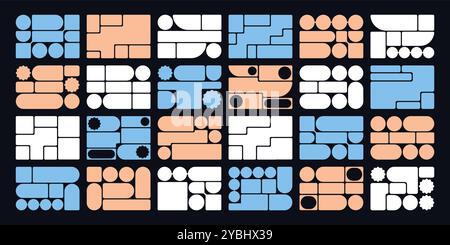 Disposition créative de la grille bento. Compositions de formes géométriques, modèle de cadre d'interface utilisateur tendance et tuiles de carte modernes. Motif de forme brutale et grilles de bandes dessinées Web Illustration de Vecteur