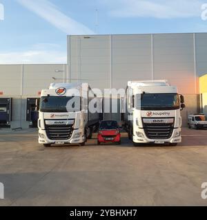 DAF Trucks et Smart car dans un parking Banque D'Images