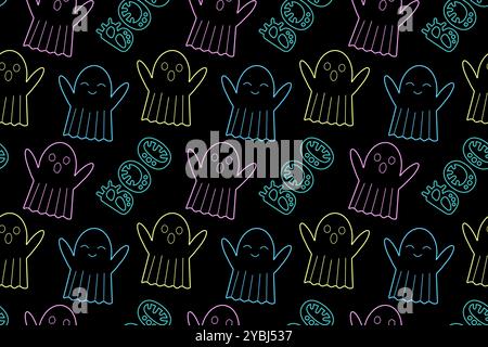 Motif fantôme fluo sans couture pour Halloween. Design ludique brillant sur fond noir, parfait pour les décorations effrayantes et festives. Illustration de Vecteur