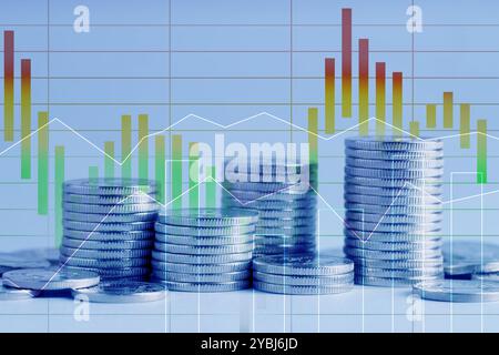 Trading de devises. Pièces et graphiques empilés, colorés Banque D'Images