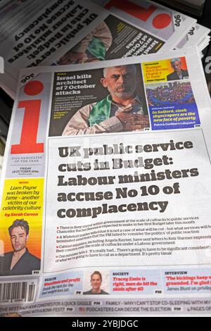 "Les services publics britanniques coupent le budget : les ministres du travail accusent le n° 10 de complaisance" i journal titre première page article 18 octobre 2024 Londres Royaume-Uni Banque D'Images