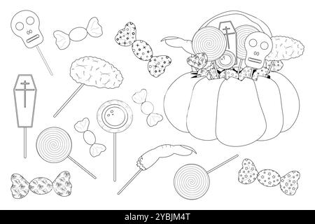 Page de coloriage amusante sur le thème d'Halloween avec bonbons effrayants, sucettes et bonbons dans une citrouille. Parfait pour les activités créatives d'Halloween. Illustration de Vecteur