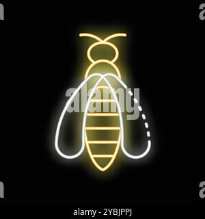 Enseigne lumineuse au néon représentant une abeille aux ailes et au corps brillants, placée sur un fond sombre Illustration de Vecteur
