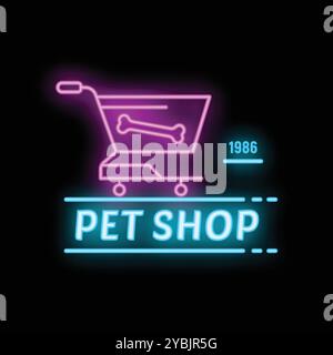 Enseigne au néon comportant un chariot à provisions avec os pour la vente d'animalerie publicitaire Illustration de Vecteur