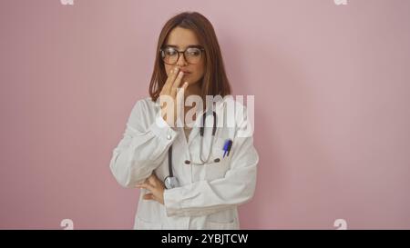 Une jeune femme médecin avec des cheveux bruns et des lunettes se tient soigneusement sur un fond rose, portant un manteau blanc avec un stéthoscope autour d'elle Banque D'Images