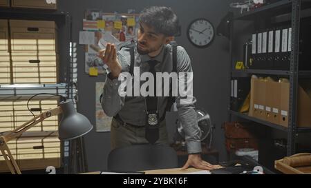 Un jeune homme arabe avec une barbe examine les preuves dans le bureau d'un détective de police, évoquant des thèmes de la loi, de l'enquête et de l'autorité. Banque D'Images