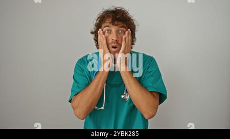 Jeune homme dans des gommages verts avec un stéthoscope autour du cou exprimant un choc sur fond blanc isolé Banque D'Images