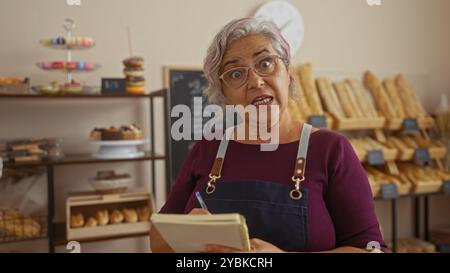 Femme hispanique âgée prenant des notes dans une boulangerie avec divers pains et pâtisseries en arrière-plan. Banque D'Images