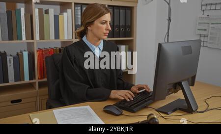 Femme juge travaillant dans un bureau de tribunal tapant sur un clavier, entourée de livres et de documents juridiques avec un marteau sur le bureau. Banque D'Images