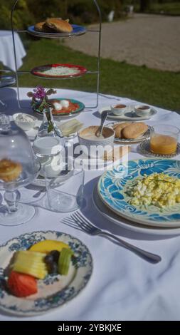 Configuration de petit-déjeuner en plein air avec divers aliments sur une nappe blanche, y compris des œufs brouillés, du pain, des fruits, du jus, et du café. Banque D'Images