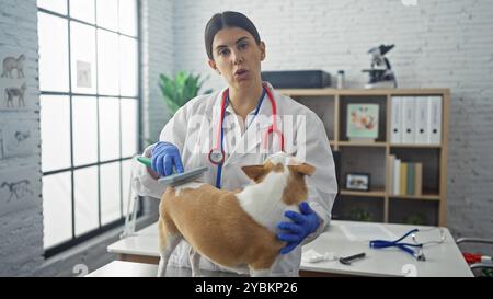 Une jeune femme hispanique vétérinaire dans une clinique examine un chien chihuahua avec un stéthoscope et des gants, mettant en évidence le cadre de soins vétérinaires. Banque D'Images