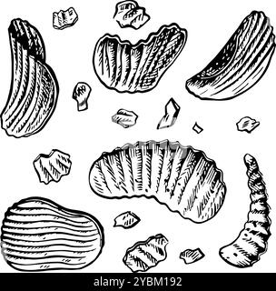 Chips de pommes de terre. Graphiques vectoriels avec des images de copeaux ondulés plats. Clip art illustrations dessinées à la main en noir et blanc. Sur fond blanc. Super fo Illustration de Vecteur