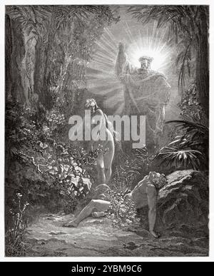 Ève a été créée par Dieu la prenant de la côte d'Adam pour être sa compagne (Genèse 2:18) ancien Testament. Illustration biblique antique de Gustave Dore (1832-1883) Banque D'Images