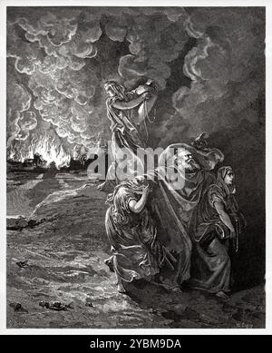 Lot et sa famille fuient Sodome et Gomorrhe en feu. Ancien Testament. Illustration biblique antique de Gustave Dore (1832-1883) Banque D'Images