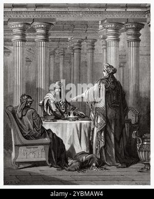 La reine Esther accuse Haman de trahison devant Assuérus. Ancien Testament. Illustration biblique antique de Gustave Dore (1832-1883) Banque D'Images