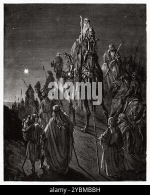 La Nativité. Les trois sages de l'est suivent l'étoile jusqu'à Bethléem (Matthieu 2:9) Nouveau Testament. Illustration biblique antique de Gustave Dore (1832-1883) Banque D'Images