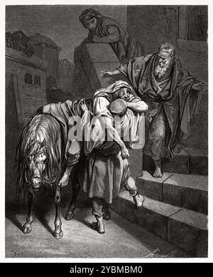 Le bon Samaritain amène l'homme blessé à l'auberge (Luc 10:34) Nouveau Testament. Illustration biblique antique de Gustave Dore (1832-1883) Banque D'Images