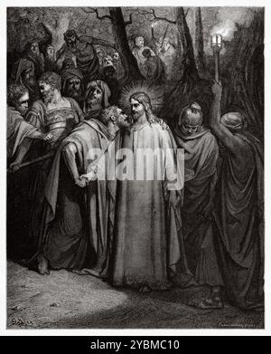 Judas trahissant Christ avec un baiser (Matthieu 26,49) Nouveau Testament. Illustration biblique antique de Gustave Dore (1832-1883) Banque D'Images