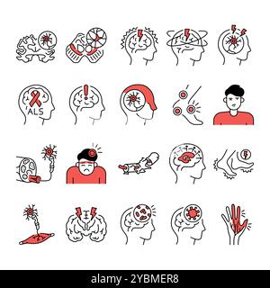 Ensemble d'icônes noires de la ligne de maladies neurologiques. Signes pour page web, application mobile, bouton, logo. Bouton isolé de vecteur. Contour modifiable. Illustration de Vecteur