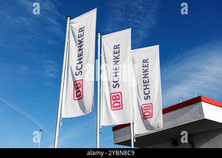 Eching, Allemagne. 17 octobre 2024. Le logo DB Schenker est visible sur les drapeaux du site d'Eching (Bavière) le 17 octobre 2024. Sous la marque DB Schenker, Deutsche Bahn AG gère le segment d'activité de tous les services de transport et de logistique du groupe DB. Le Conseil de surveillance de Deutsche Bahn a approuvé la vente de la filiale logistique DB Schenker à DSV. Crédit : Matthias Balk/dpa/Alamy Live News Banque D'Images