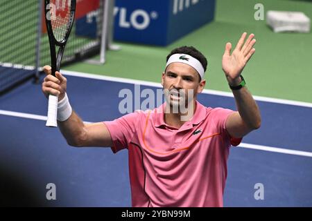 Stockholm, Suède. 19 octobre 2024. STOCKHOLM, SUÈDE 20241019Grigor Dimitrov de Bulgarie célèbre sa demi-finale de BNP Paribas Nordic Open ATP face à Tallon Griekspoor des pays-Bas au Royal Tennis Hall, à Stockholm, Suède, le 19 octobre 2024. Photo : Claudio Bresciani/TT/Code 10090 crédit : TT News Agency/Alamy Live News Banque D'Images