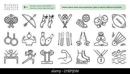 Types de sports, articles sportifs, jeu d'icônes de ligne noire, 48x48 px et 480x480 px signes. 21 pictogrammes vectoriels, contour modifiable Illustration de Vecteur