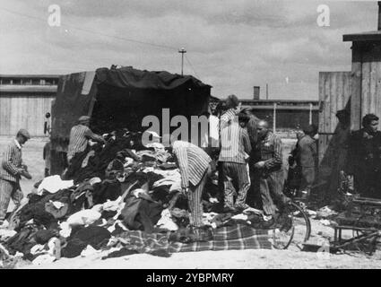 Les prisonniers des Aufräumungskommando (commandos d'ordre) déchargent les biens confisqués d'un transport de Juifs hongrois dans un entrepôt à Auschwitz. Les Juifs en Hongrie étaient relativement en sécurité jusqu'à ce qu'Hitler, craignant que la Hongrie cherche un accord avec les alliés, ordonne l'invasion du pays en mars 1944. Entre le 15 mai et le 9 juillet 1944, plus de 434 000 Juifs ont été déportés dans 147 trains, la plupart d'entre eux à Auschwitz, où environ 80% ont été gazés à leur arrivée. La progression rapide des expulsions a été rendue possible par une coopération étroite entre les autorités hongroises et allemandes. Banque D'Images