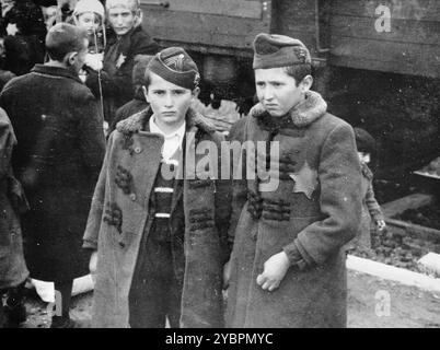 Des frères juifs de la Rus subcarpathique, une partie de la Hongrie, attendent la sélection sur la rampe d'Auschwitz-Birkenau. Ils ont été identifiés comme Israël et Zelig Jacob, âgés de 9 et 11 ans. Ils ont été gazés à leur arrivée. Les Juifs en Hongrie étaient relativement en sécurité jusqu'à ce qu'Hitler, craignant que la Hongrie cherche un accord avec les alliés, ordonne l'invasion du pays en mars 1944. Entre le 15 mai et le 9 juillet 1944, plus de 434 000 Juifs ont été déportés dans 147 trains, la plupart d'entre eux à Auschwitz, où environ 80% ont été gazés à leur arrivée. La progression rapide des déportations a été rendue possible par une coopération étroite entre les Hun Banque D'Images