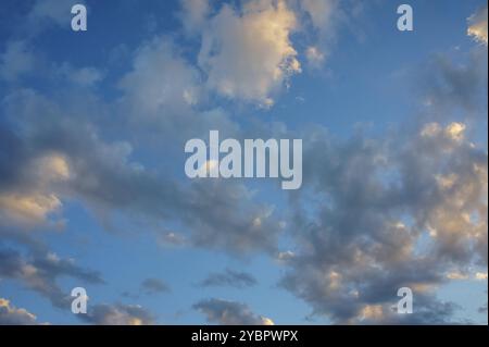 La lumière du soleil dorée filtre à travers les nuages doux et gonflés, créant un ciel enchanteur qui évoque la tranquillité et inspire un sentiment d'émerveillement dans la fin de l'année Banque D'Images