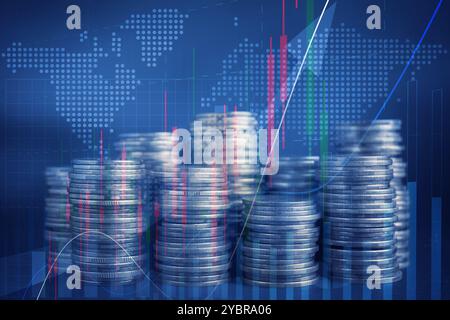 Trading de devises. Pièces empilées, graphiques et carte du monde, tonifiées en bleu Banque D'Images