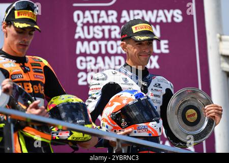 MELBOURNE, AUSTRALIE. 20 octobre 2024. Célébrations du podium Moto2 lors du Qatar Airways Australian Motorcycle Grand Prix 2024 qui s'est tenu sur le circuit de Phillip Island. Crédit : Karl Phillipson/Alamy Live News Banque D'Images