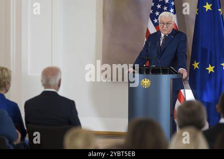 Frank-Walter Steinmeier (Président de la République fédérale d'Allemagne) prononce un discours devant l'attribution du niveau spécial du Grand CR Banque D'Images