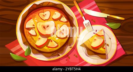 Configuration de dessert sucré avec tarte aux pommes cuite maison ronde avec crumble sur le plateau, morceau de triangle sur l'assiette, fourchette et couteau, nappe rouge sur bois Illustration de Vecteur