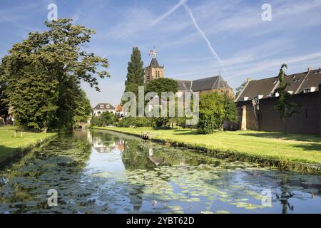 La muraille et des douves de la ville néerlandaise Vianen avec le clocher de l'église en arrière-plan Banque D'Images