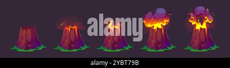 Éruption de lave du volcan. Montagne Vulcano avec fumée et feu. Illustration active de l'île volcanique avec effet d'évolution pour l'animation de catastrophe. Dang Illustration de Vecteur