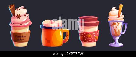 Boissons chaudes épicées en verre et tasse pour un design automnal confortable. Illustration vectorielle de dessin animé de latte avec citrouille, dessus de crème et bâton de cannelle, café ou h. Illustration de Vecteur