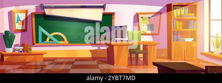 Intérieur de la salle de classe de l'école avec table de professeur et tableau vert sur le mur, règles géométriques, livres et dossiers dans le cabinet, programmes d'éducation et poste Illustration de Vecteur