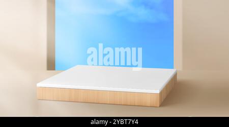 Podium de produit en bois dans l'intérieur de la chambre de studio avec sol et mur beige, trou de fenêtre avec ciel bleu et nuages. Modèle 3D réaliste de po rectangulaire Illustration de Vecteur