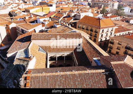 Vue panoramique aérienne sur le centre historique de la ville médiévale de Salamanque avec Casa de las Conchas et les anciens bâtiments avec des carreaux de terre cuite typiques Banque D'Images