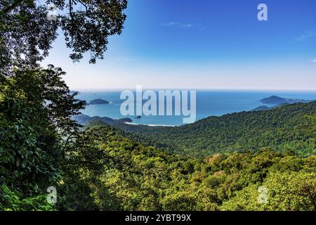 Plage de Castelhanos vue du milieu de la forêt tropicale sur l'île d'Ilhabela sur la côte nord de Sao Paulo Banque D'Images