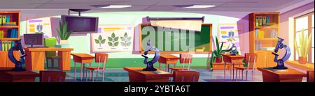 Intérieur de la salle de classe de l'école pour l'apprentissage de la biologie avec des tables d'enseignants et d'élèves, tableau vert et affiches sur le mur, les plantes et l'équipement de laboratoire Illustration de Vecteur